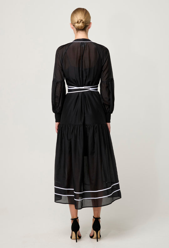 OnceWas PETITE Catalina Embroidered Cotton Silk Dress in Black Flores
