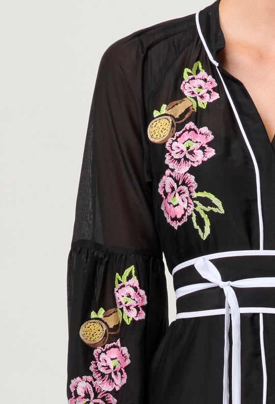 OnceWas PETITE Catalina Embroidered Cotton Silk Dress in Black Flores