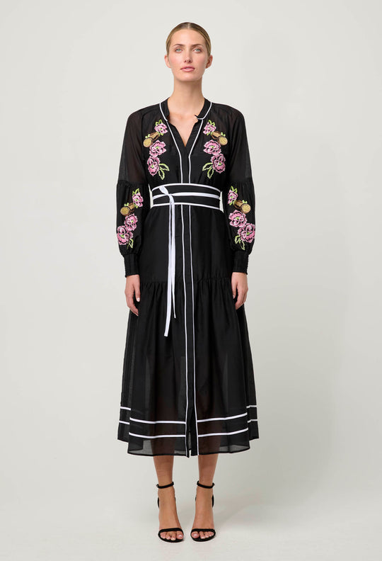 OnceWas PETITE Catalina Embroidered Cotton Silk Dress in Black Flores