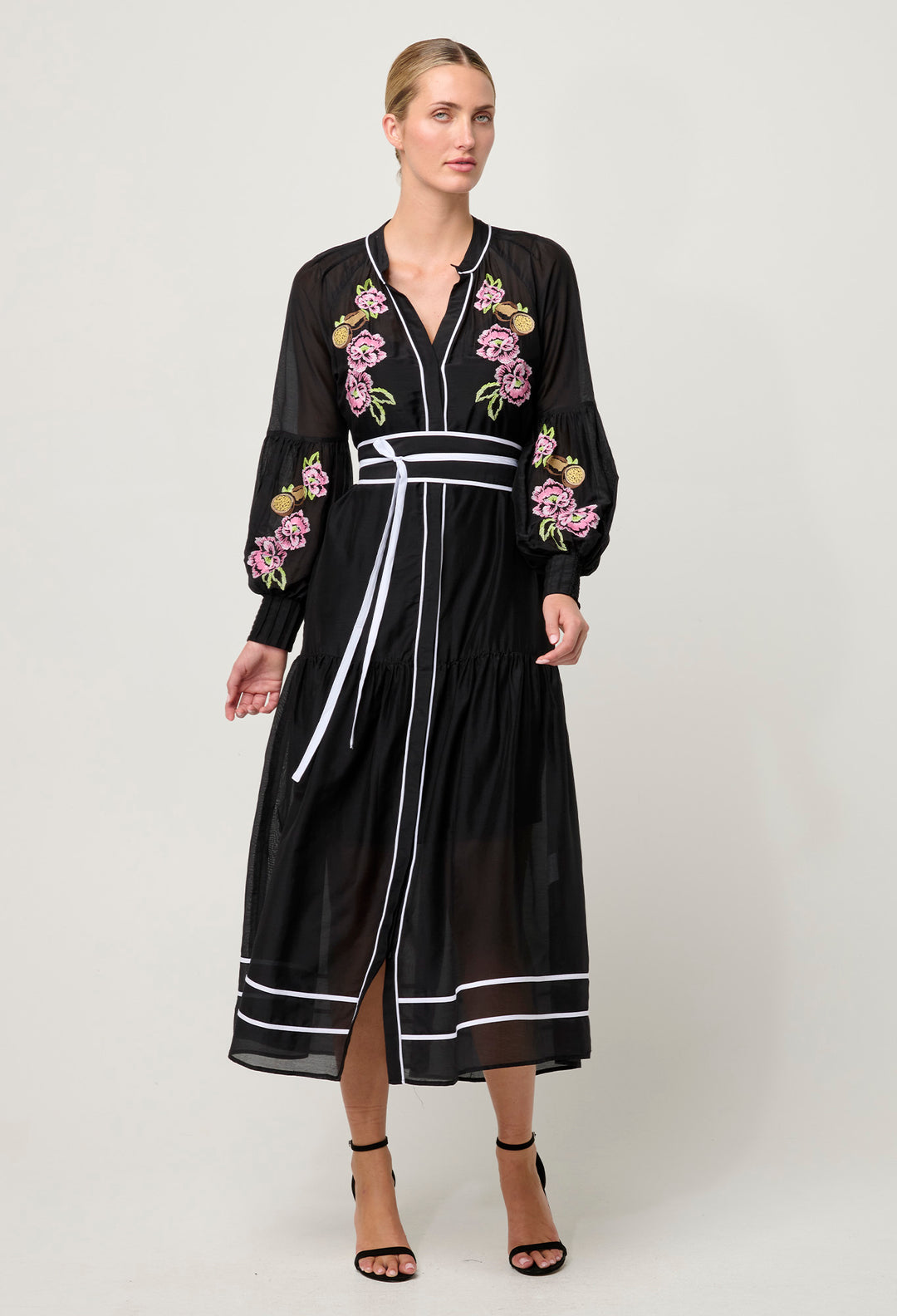 OnceWas PETITE Catalina Embroidered Cotton Silk Dress in Black Flores