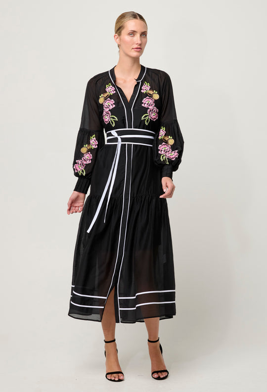 OnceWas PETITE Catalina Embroidered Cotton Silk Dress in Black Flores