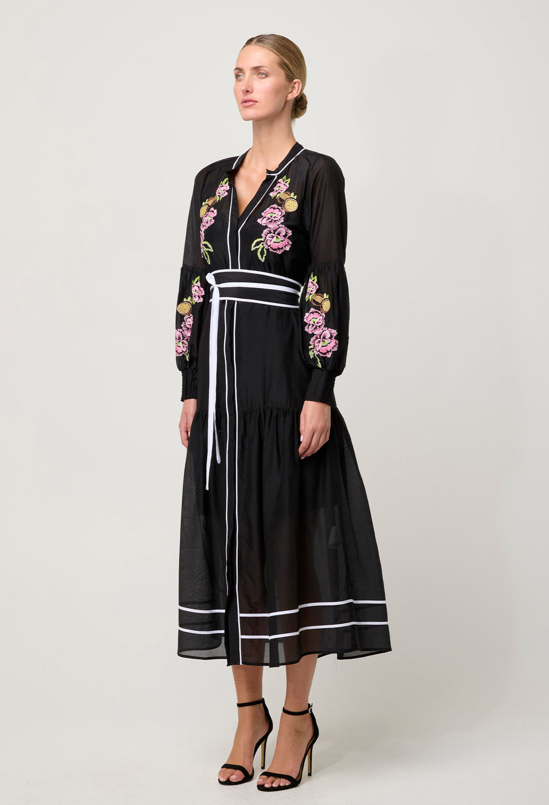 OnceWas PETITE Catalina Embroidered Cotton Silk Dress in Black Flores