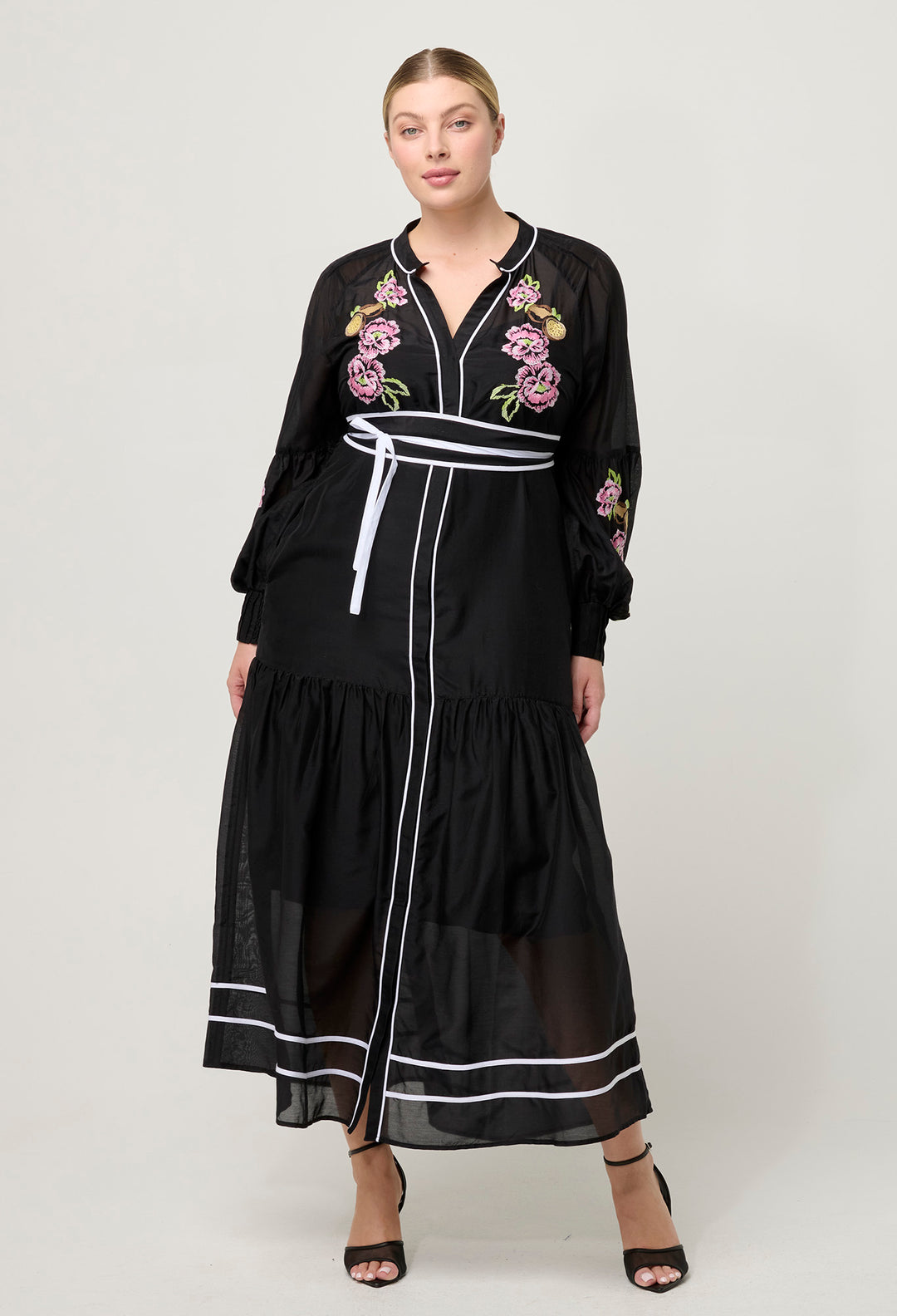 OnceWas PETITE Catalina Embroidered Cotton Silk Dress in Black Flores