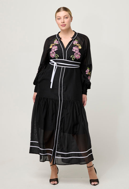 OnceWas PETITE Catalina Embroidered Cotton Silk Dress in Black Flores