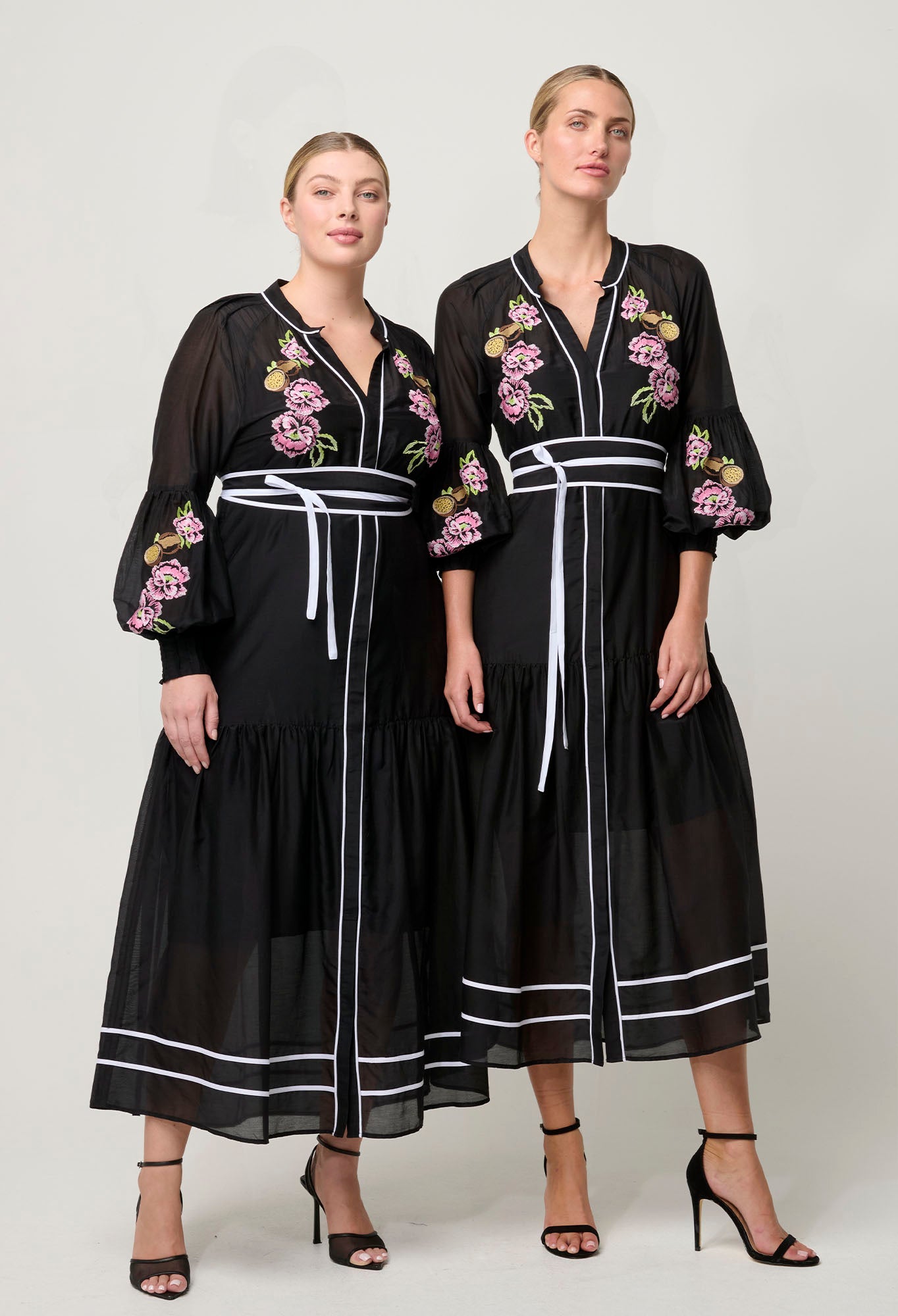 OnceWas PETITE Catalina Embroidered Cotton Silk Dress in Black Flores