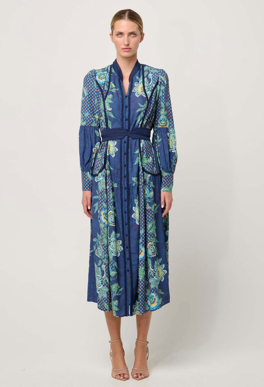 OnceWas Esmeralda Viscose Dobby Midi Dress in Mariposa Zafiro