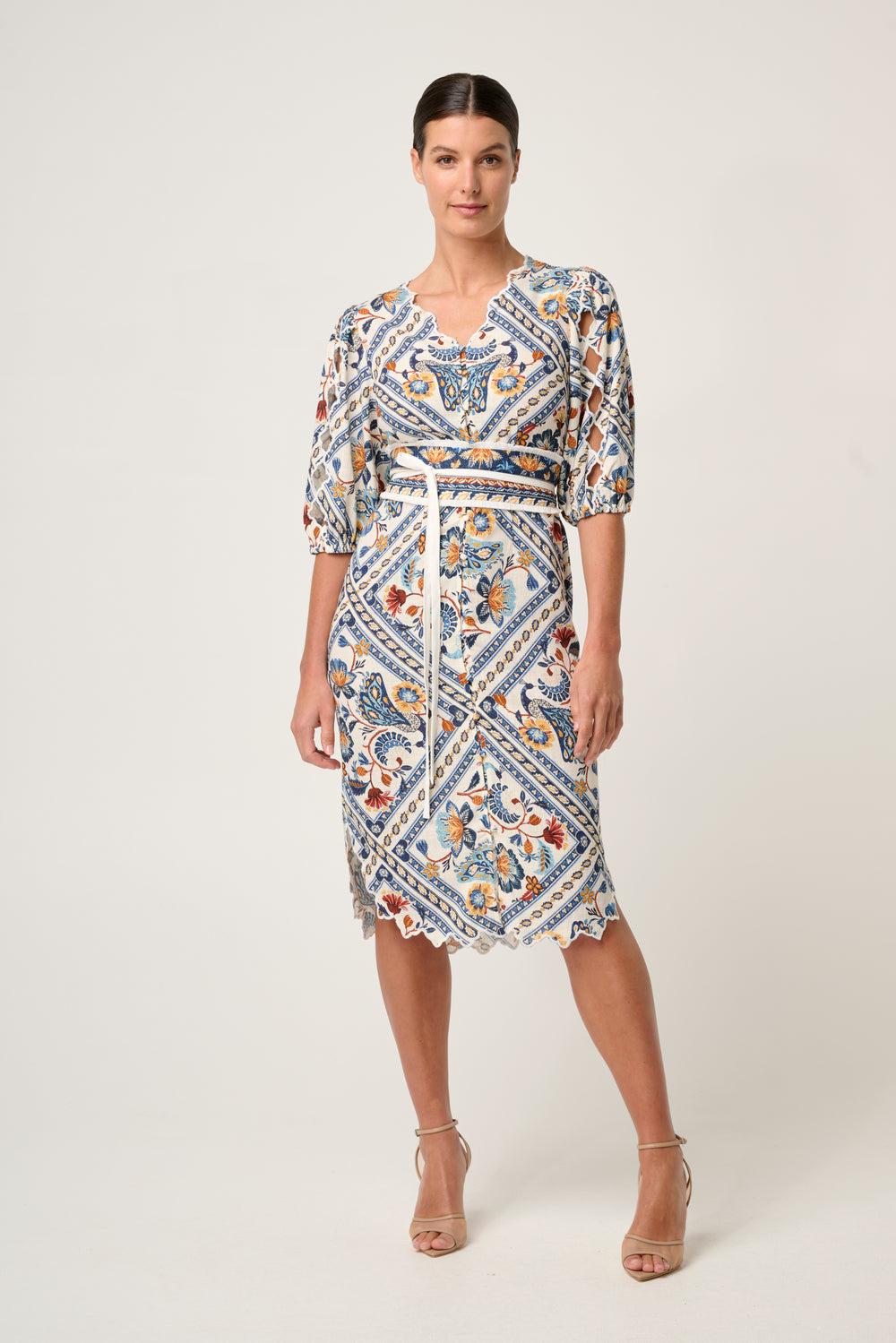 Theia Viscose Scallop Embroidered Dress in Petinos Floros