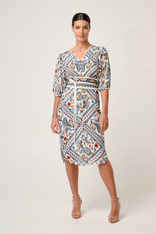 Theia Viscose Scallop Embroidered Dress in Petinos Floros