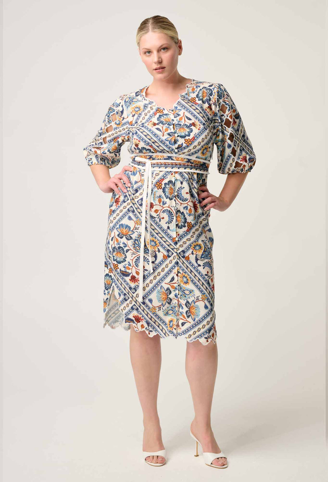 Theia Viscose Scallop Embroidered Dress in Petinos Floros