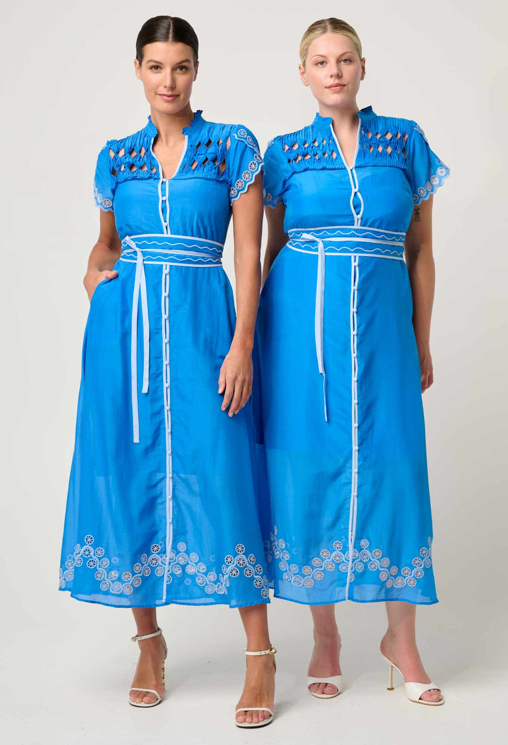OnceWas Xanthia Diamond Smock Yoke Silk Cotton Embroidered Dress in Blue Topaz