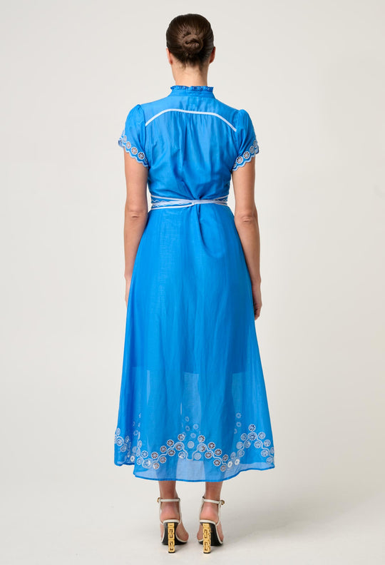 OnceWas Xanthia Diamond Smock Yoke Silk Cotton Embroidered Dress in Blue Topaz