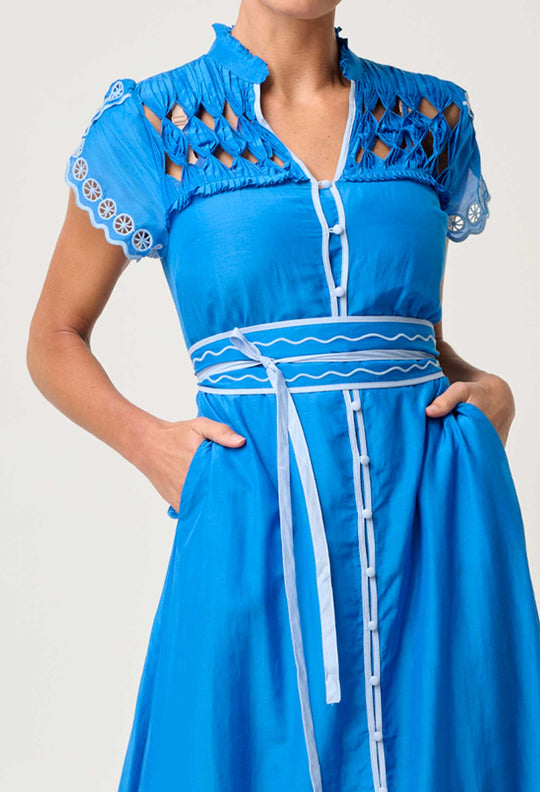 OnceWas Xanthia Diamond Smock Yoke Silk Cotton Embroidered Dress in Blue Topaz