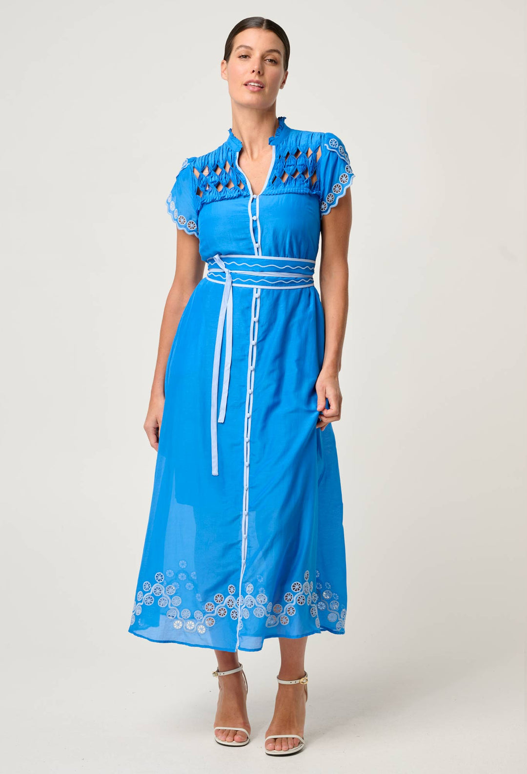 OnceWas Xanthia Diamond Smock Yoke Silk Cotton Embroidered Dress in Blue Topaz
