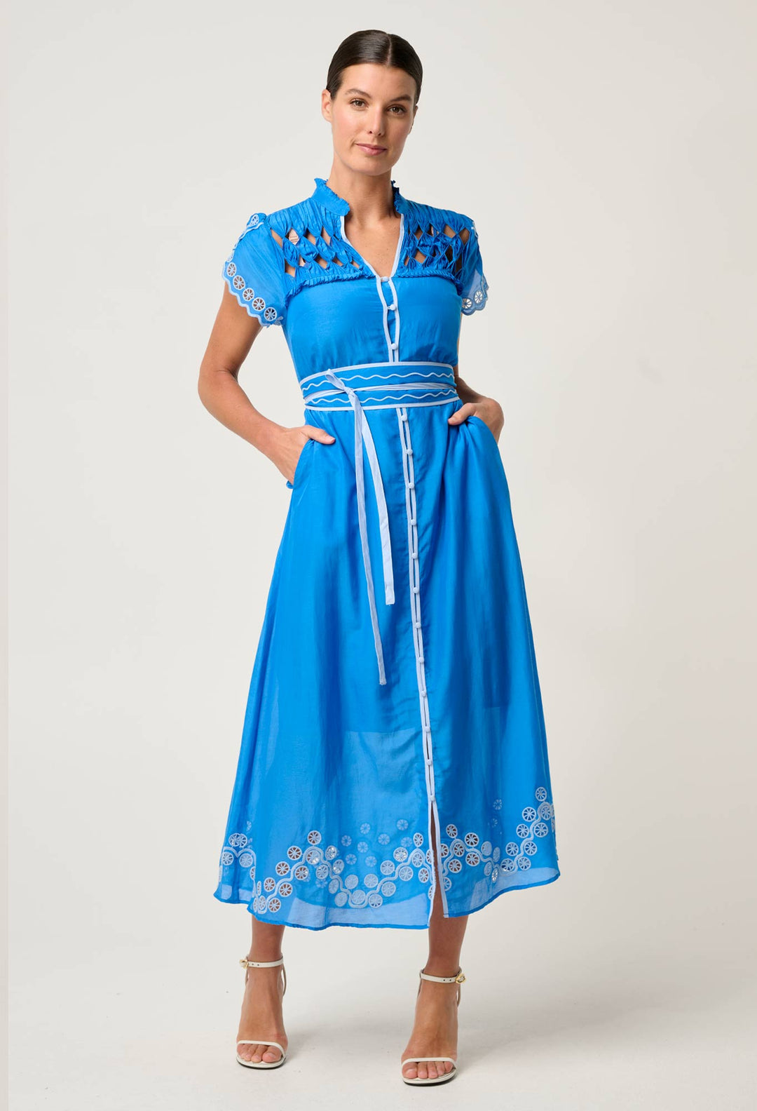OnceWas Xanthia Diamond Smock Yoke Silk Cotton Embroidered Dress in Blue Topaz
