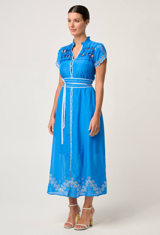 OnceWas Xanthia Diamond Smock Yoke Silk Cotton Embroidered Dress in Blue Topaz
