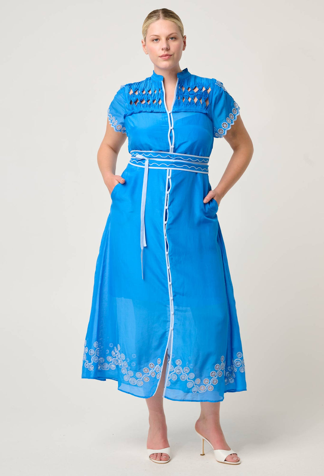 OnceWas Xanthia Diamond Smock Yoke Silk Cotton Embroidered Dress in Blue Topaz