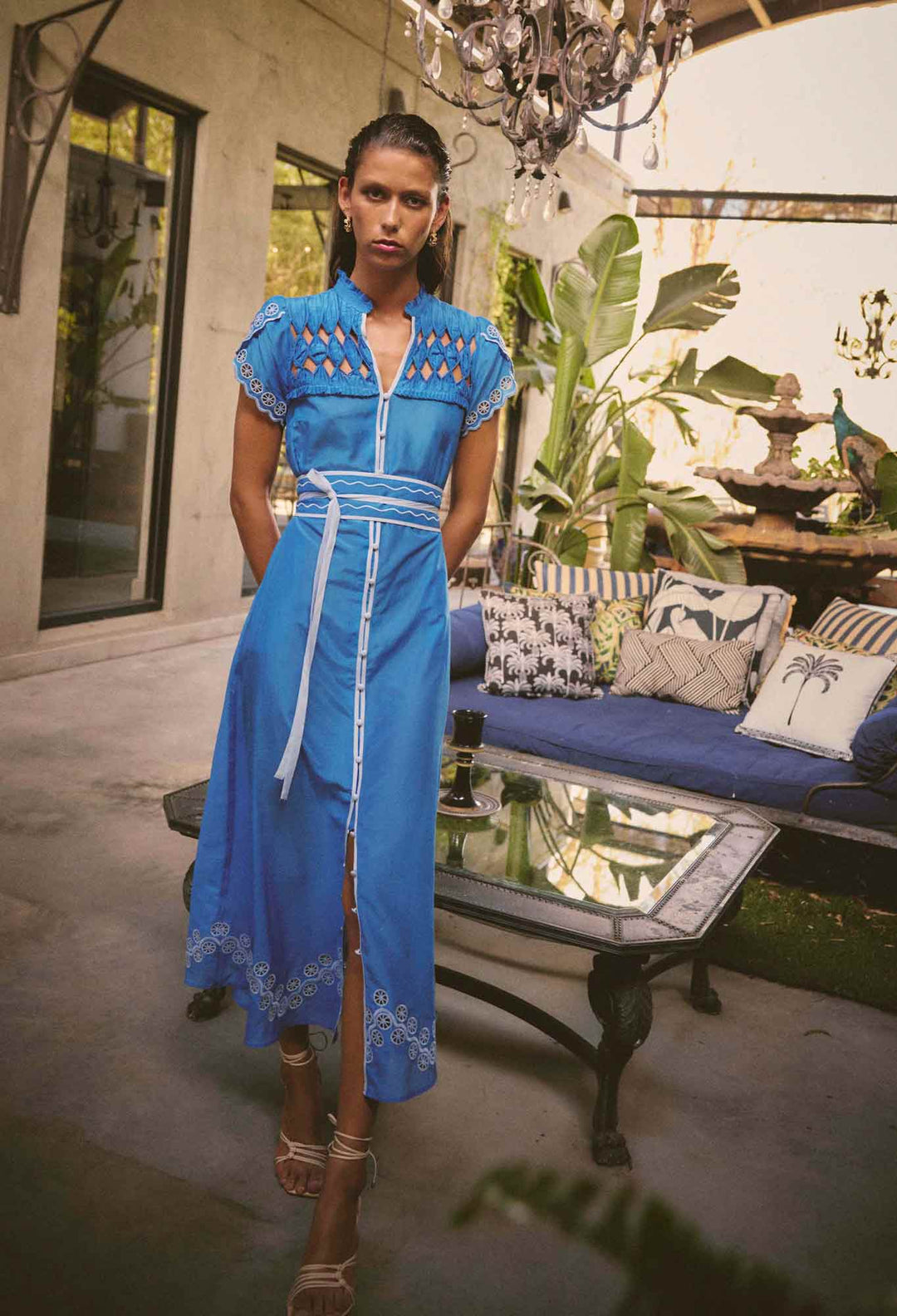 OnceWas Xanthia Diamond Smock Yoke Silk Cotton Embroidered Dress in Blue Topaz