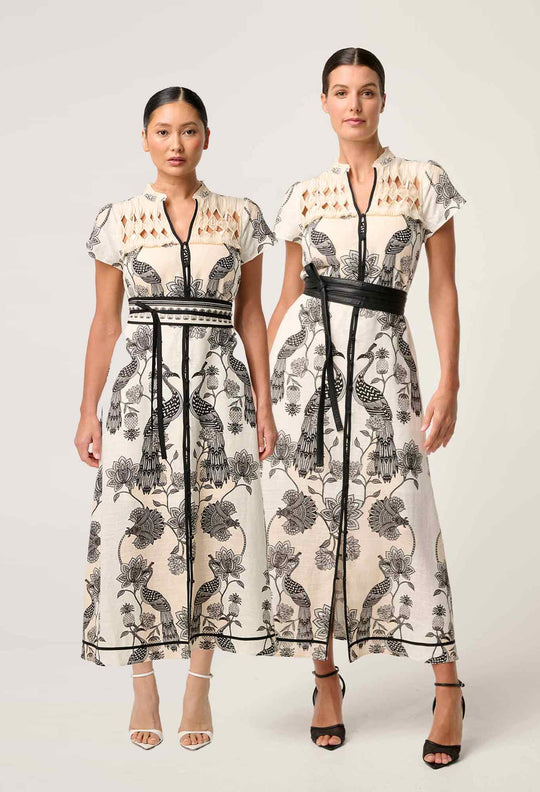 PETITE Xanthia Diamond Smock Yoke Linen Viscose Dress in Imperial Stone