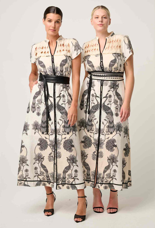 OnceWas Xanthia Diamond Smock Yoke Linen Viscose Dress in Imperial Stone