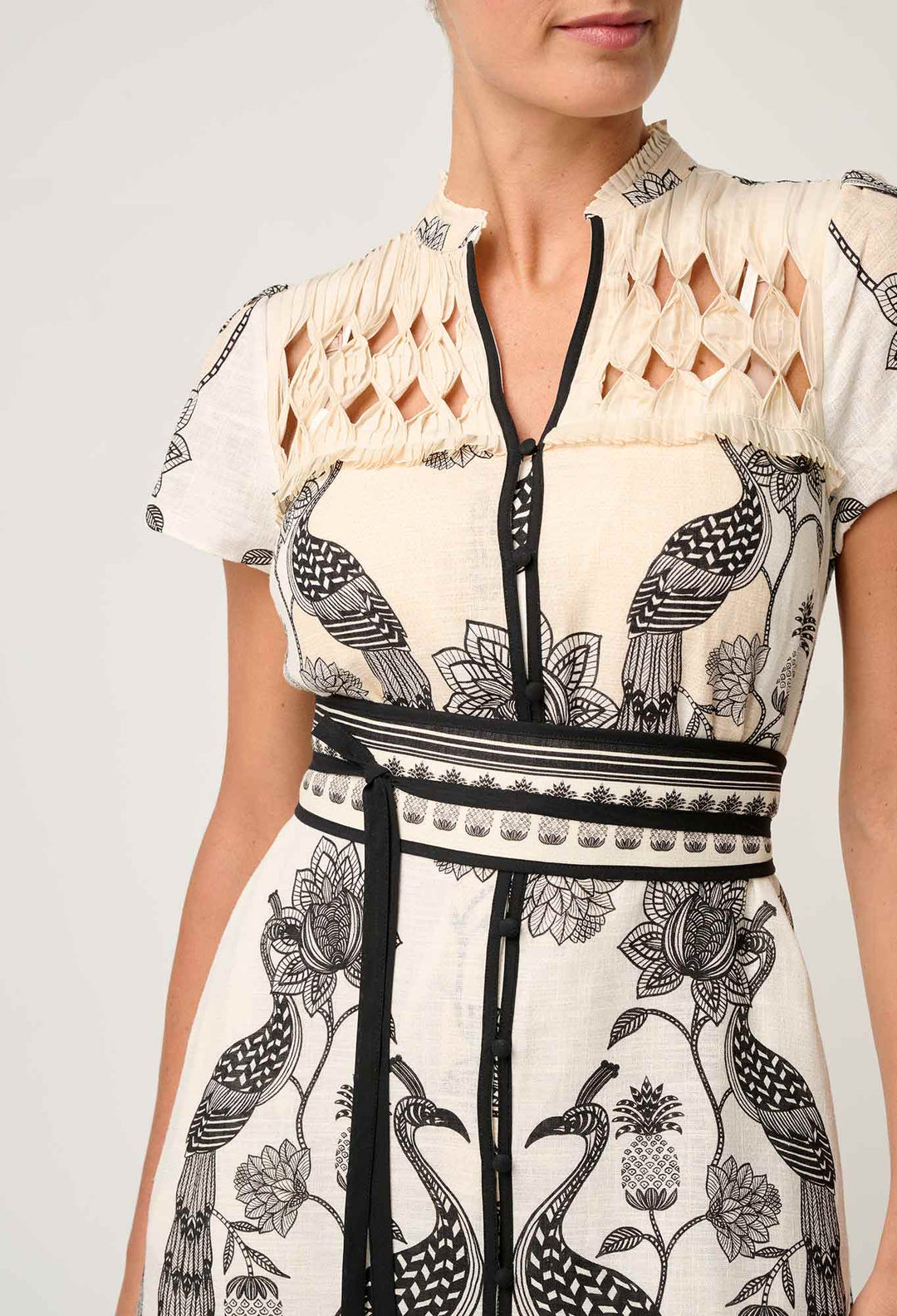 OnceWas Xanthia Diamond Smock Yoke Linen Viscose Dress in Imperial Stone