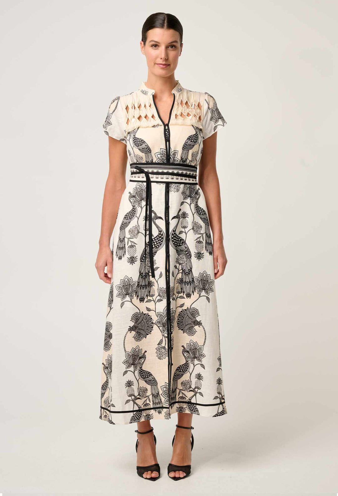 OnceWas Xanthia Diamond Smock Yoke Linen Viscose Dress in Imperial Stone