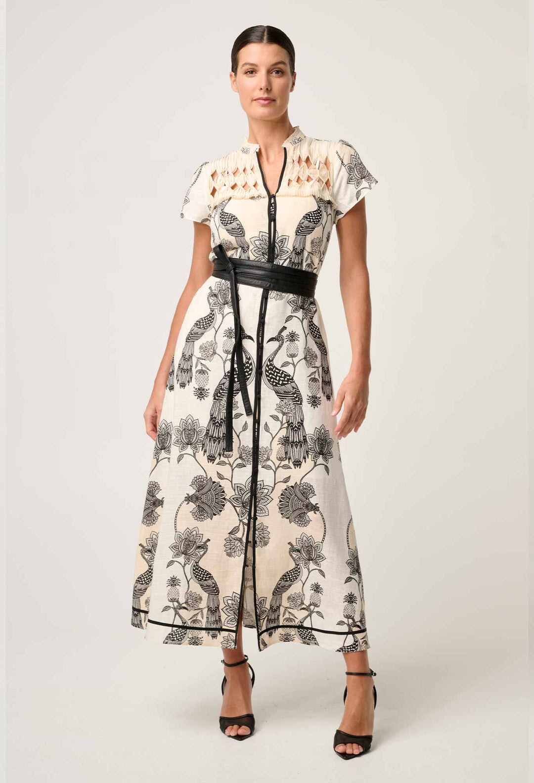 OnceWas Xanthia Diamond Smock Yoke Linen Viscose Dress in Imperial Stone