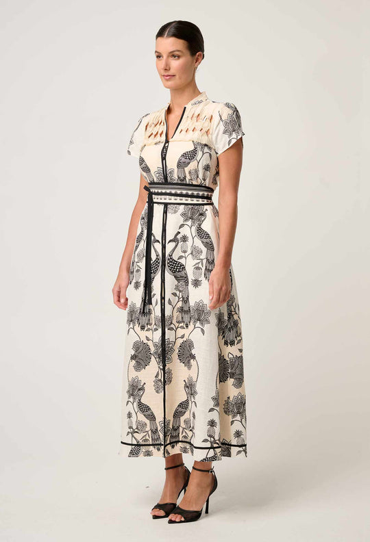 OnceWas Xanthia Diamond Smock Yoke Linen Viscose Dress in Imperial Stone