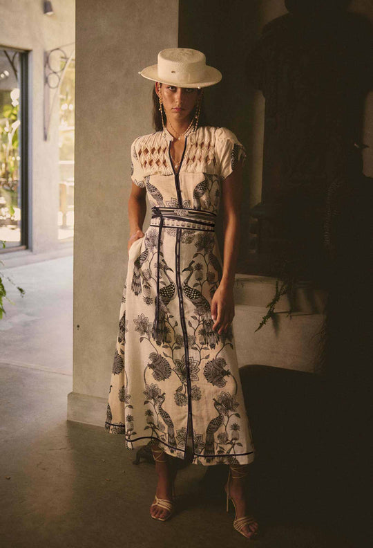 OnceWas Xanthia Diamond Smock Yoke Linen Viscose Dress in Imperial Stone