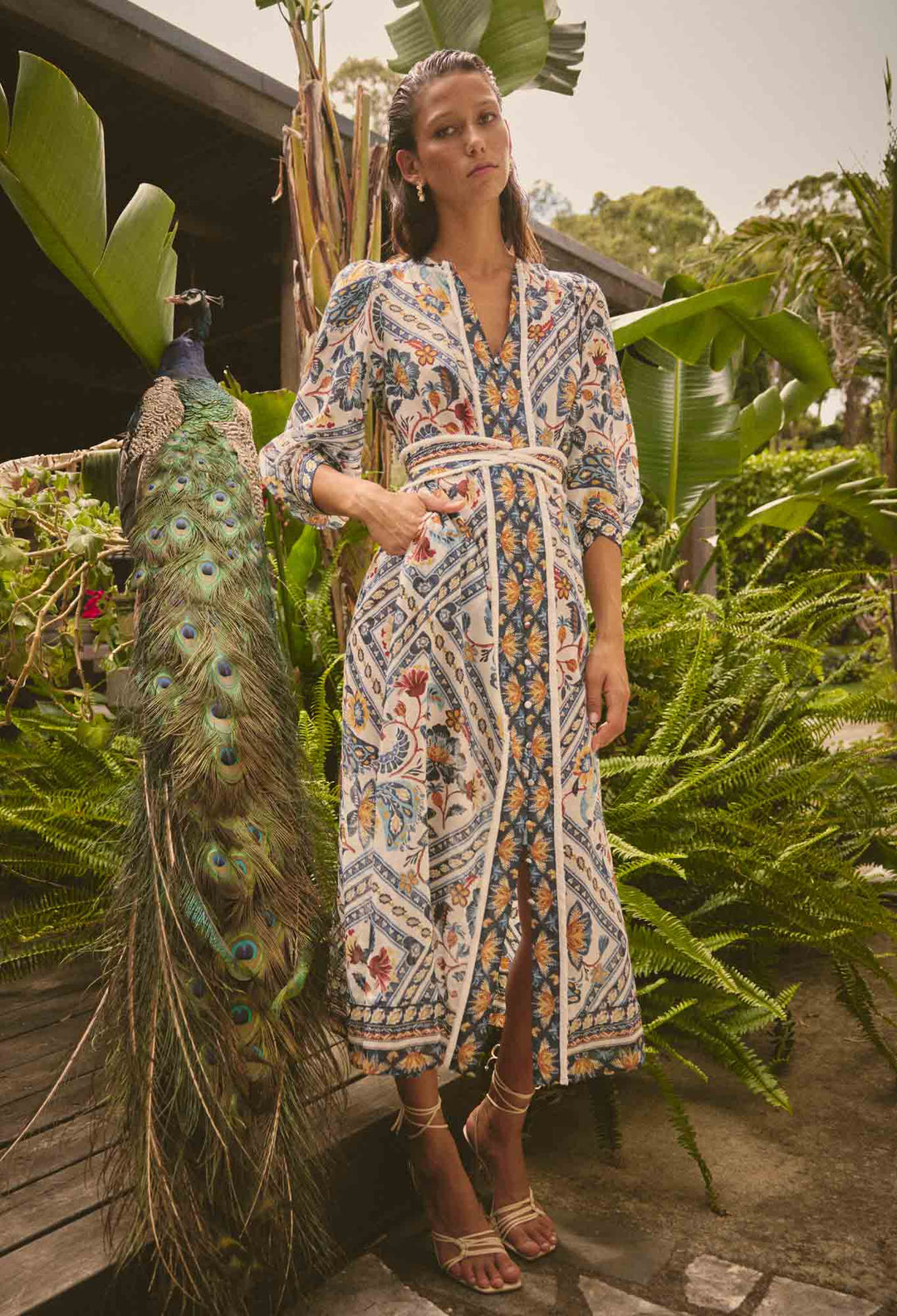 OnceWas Alexis Silk Cotton Midi Dress in Petinos Floros