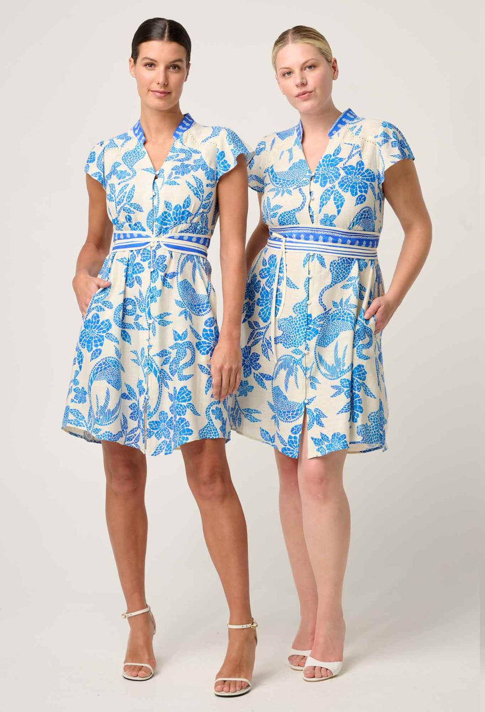 OnceWas Adriana Linen Viscose Embroidered Yoke Dress in Azure Mosaic