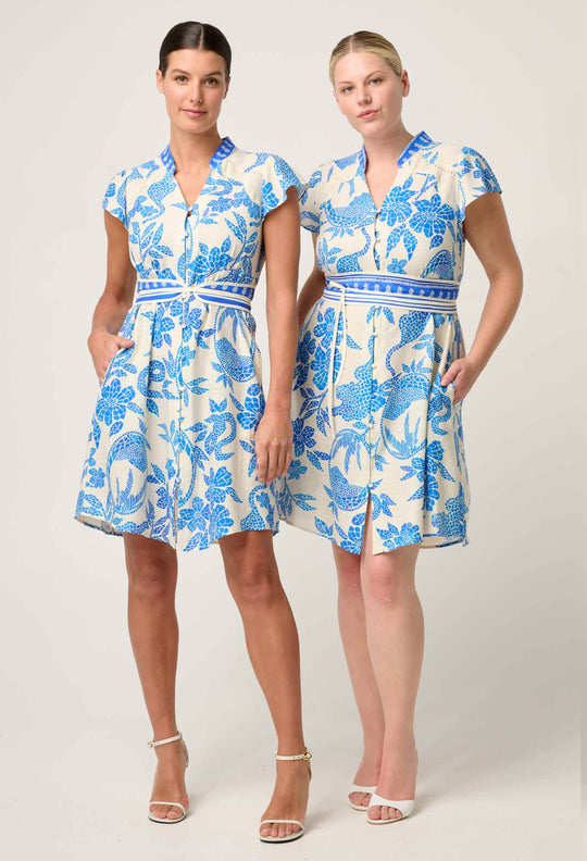 OnceWas Adriana Linen Viscose Embroidered Yoke Dress in Azure Mosaic