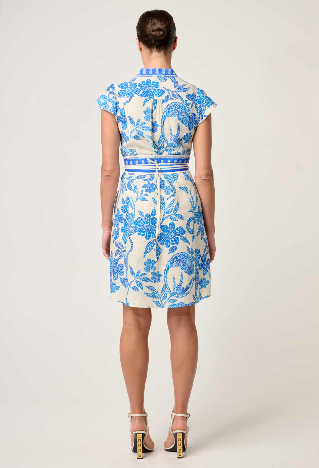 OnceWas Adriana Linen Viscose Embroidered Yoke Dress in Azure Mosaic