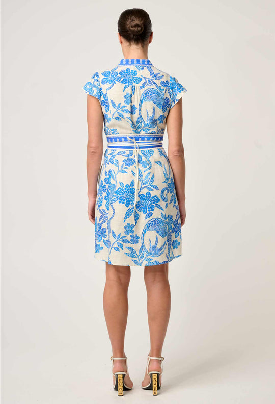 OnceWas Adriana Linen Viscose Embroidered Yoke Dress in Azure Mosaic