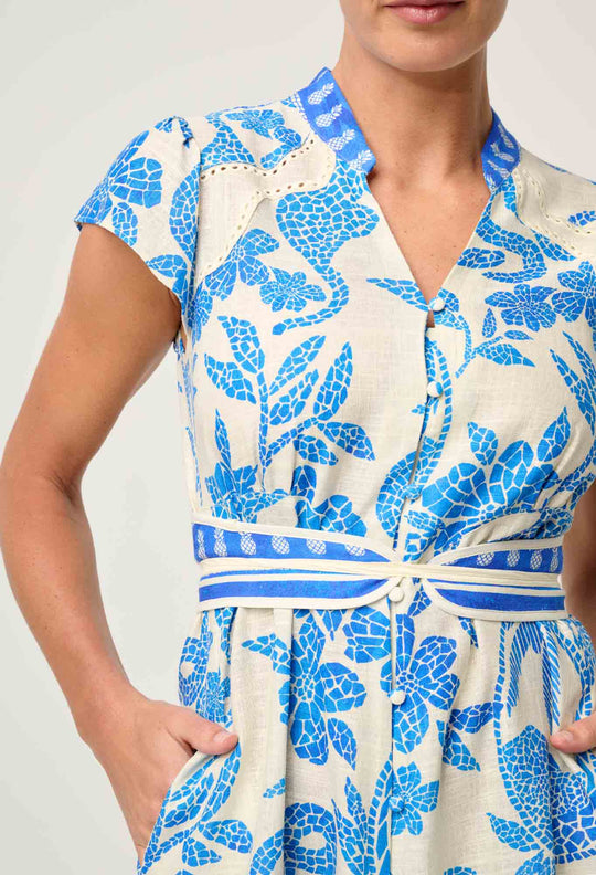 OnceWas Adriana Linen Viscose Embroidered Yoke Dress in Azure Mosaic