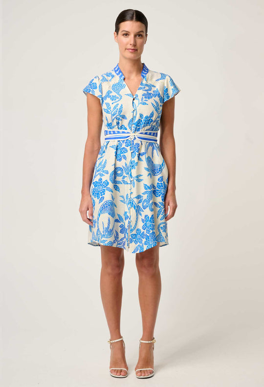 OnceWas Adriana Linen Viscose Embroidered Yoke Dress in Azure Mosaic
