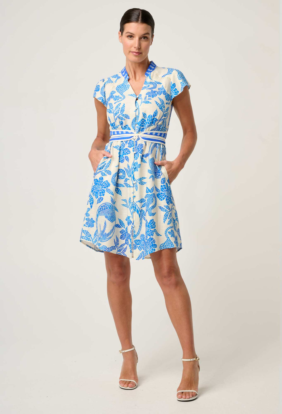 OnceWas Adriana Linen Viscose Embroidered Yoke Dress in Azure Mosaic