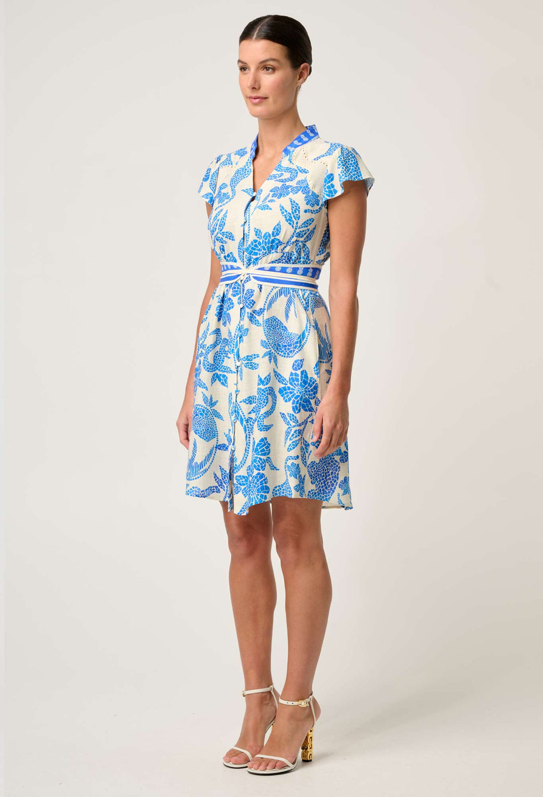 OnceWas Adriana Linen Viscose Embroidered Yoke Dress in Azure Mosaic