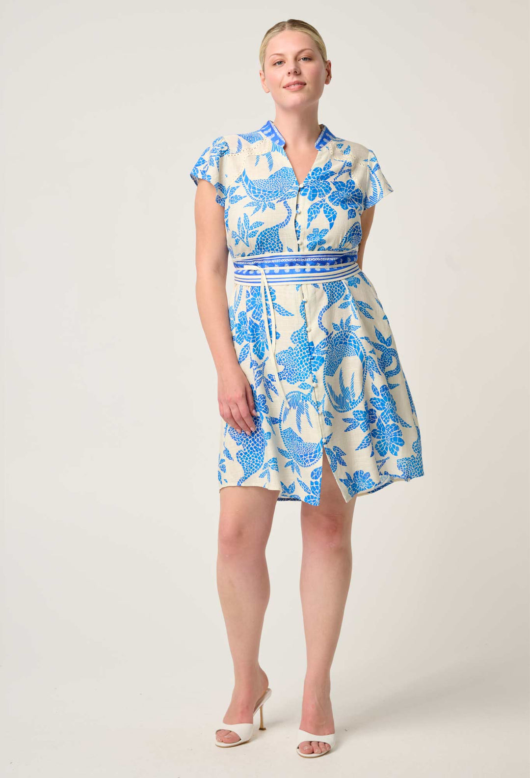OnceWas Adriana Linen Viscose Embroidered Yoke Dress in Azure Mosaic