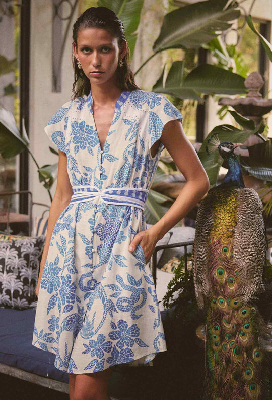 OnceWas Adriana Linen Viscose Embroidered Yoke Dress in Azure Mosaic