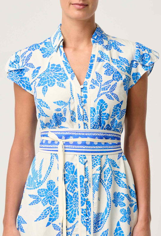 OnceWas Callista Viscose Dobby Petal Sleeve Dress in Azure Mosaic