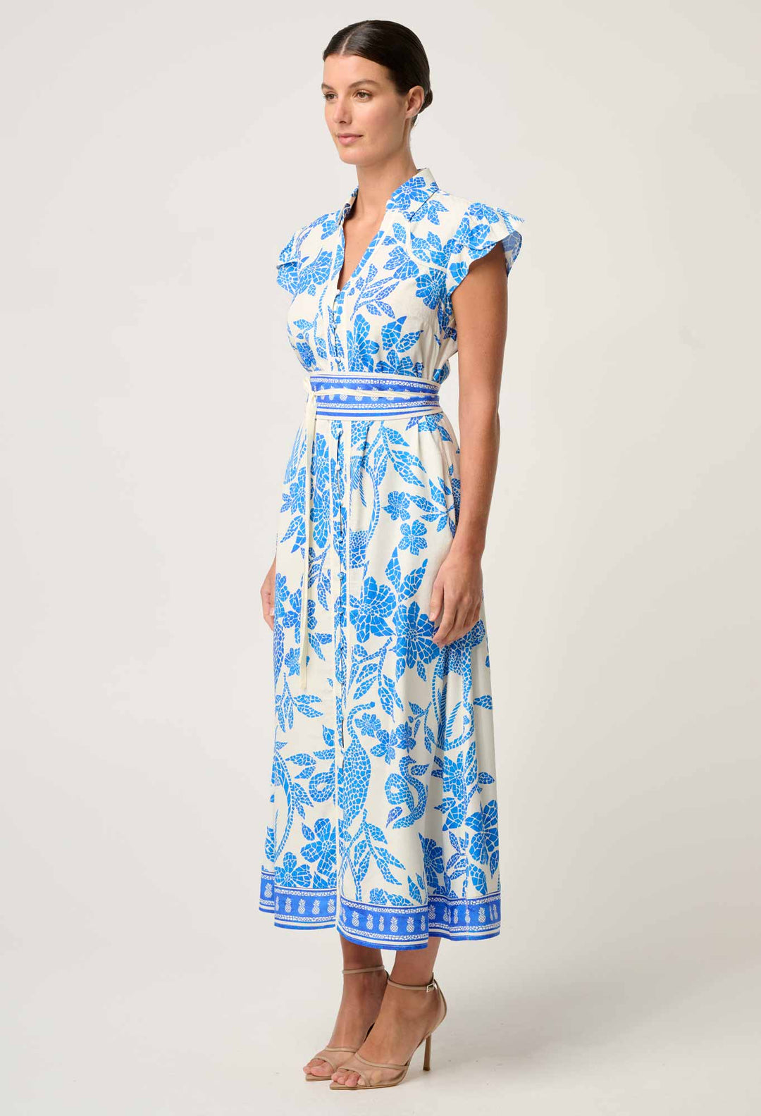 OnceWas Callista Viscose Dobby Petal Sleeve Dress in Azure Mosaic