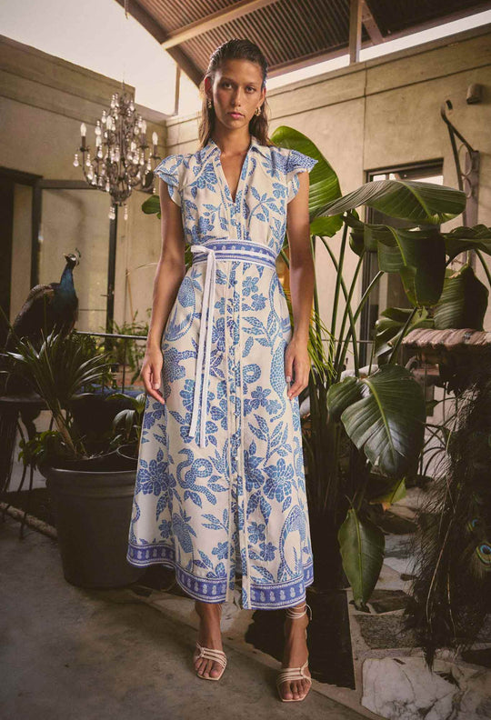 OnceWas Callista Viscose Dobby Petal Sleeve Dress in Azure Mosaic