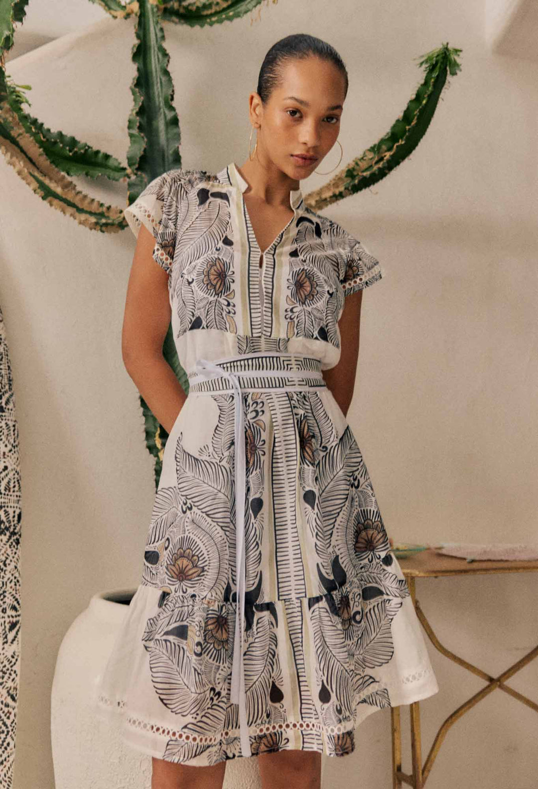 OnceWas Malika Silk Cotton Lace Trim Flutter Sleeve Dress in Ivory Casablanca