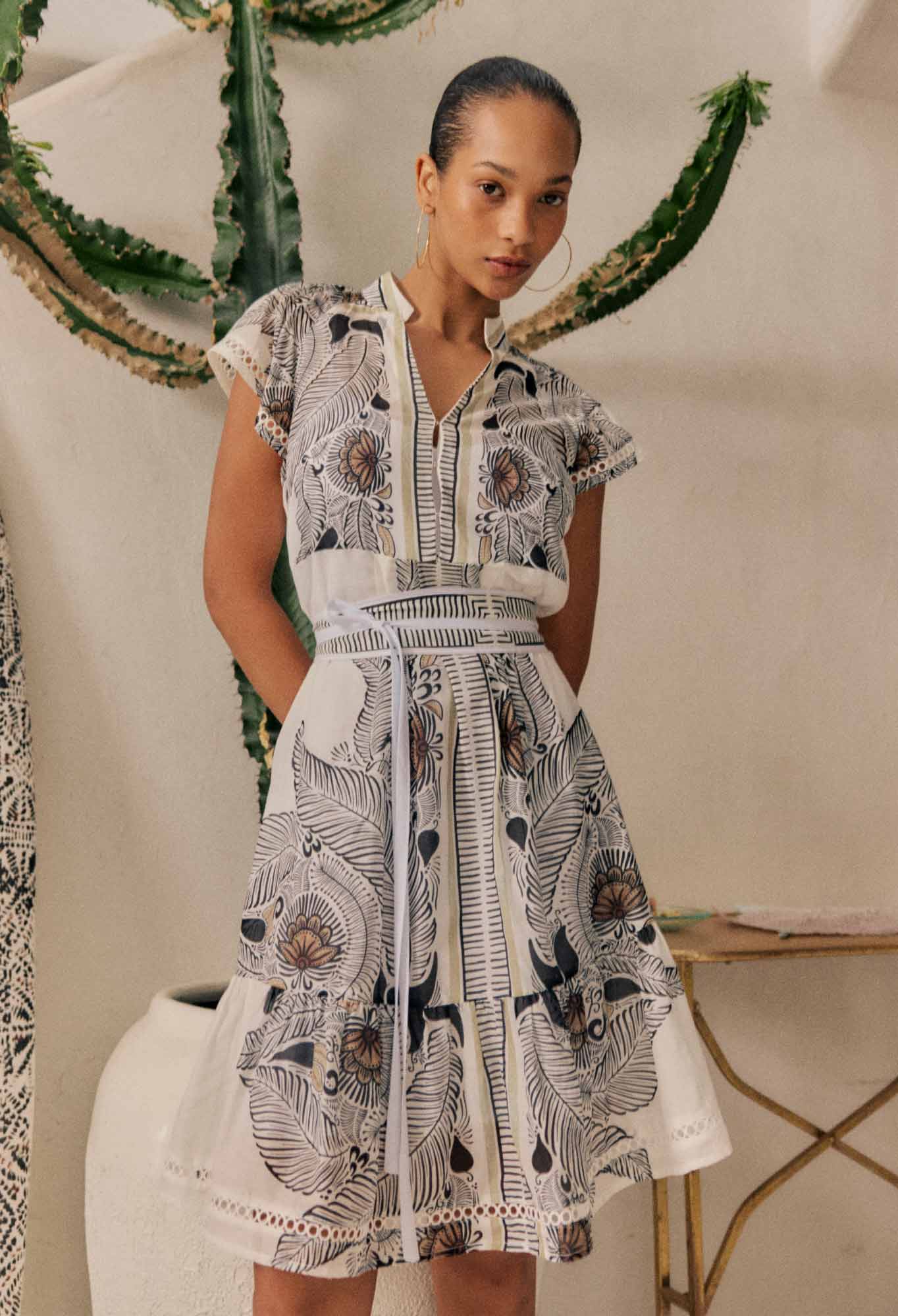 OnceWas Malika Silk Cotton Lace Trim Flutter Sleeve Dress in Ivory Casablanca