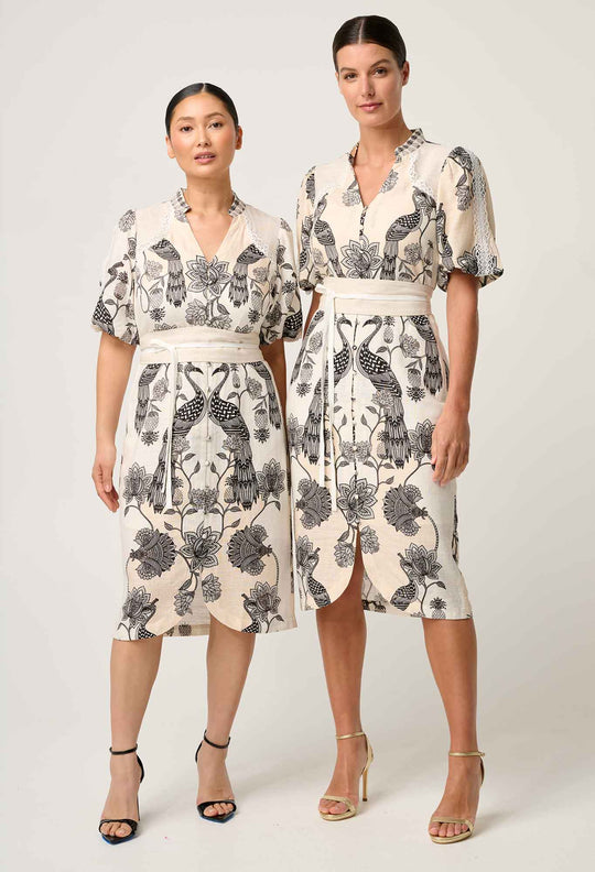 PETITE Gaia Lace Spliced Linen Viscose Dress in Imperial Stone