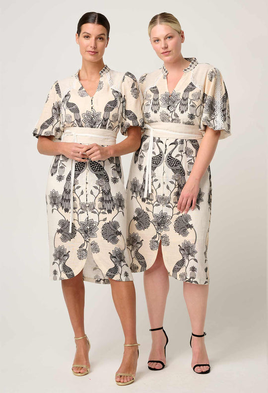 OnceWas Gaia Lace Spliced Linen Viscose Dress in Imperial Stone