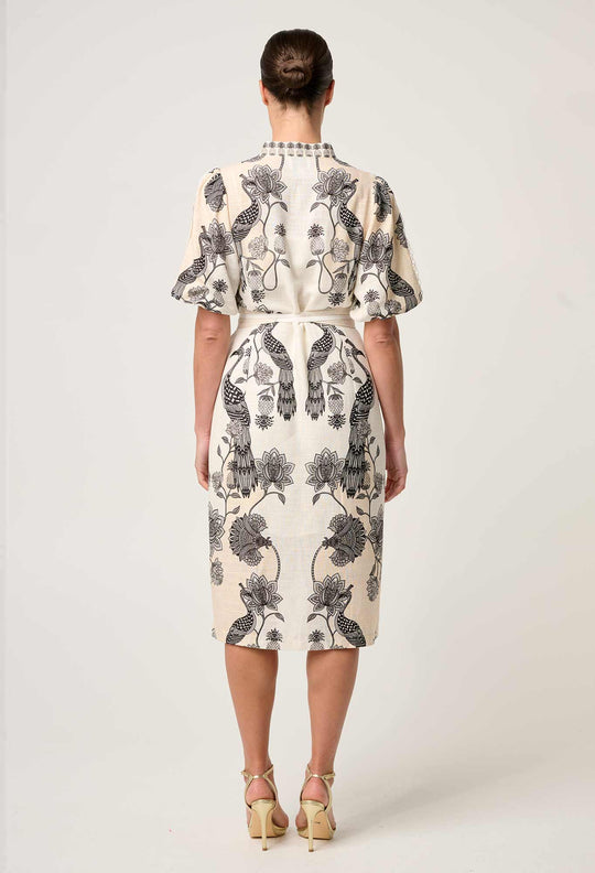 OnceWas Gaia Lace Spliced Linen Viscose Dress in Imperial Stone