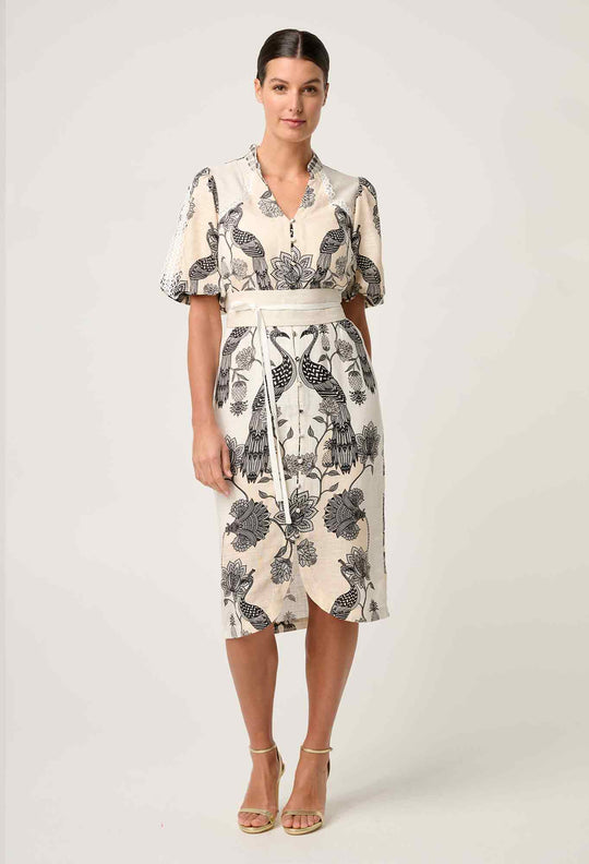 OnceWas Gaia Lace Spliced Linen Viscose Dress in Imperial Stone