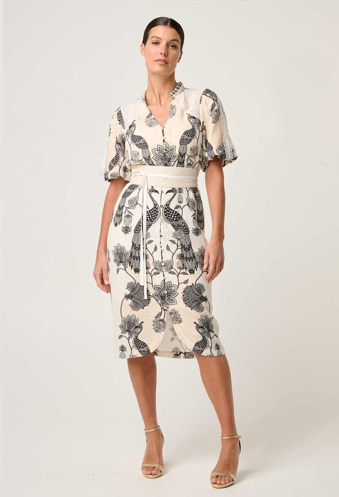 OnceWas Gaia Lace Spliced Linen Viscose Dress in Imperial Stone