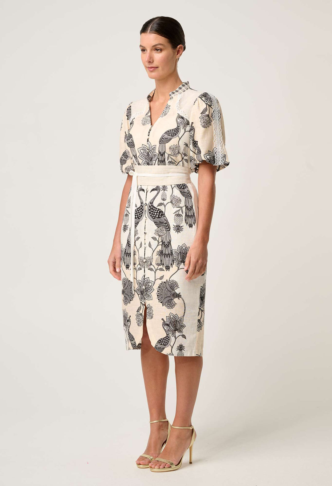 OnceWas Gaia Lace Spliced Linen Viscose Dress in Imperial Stone